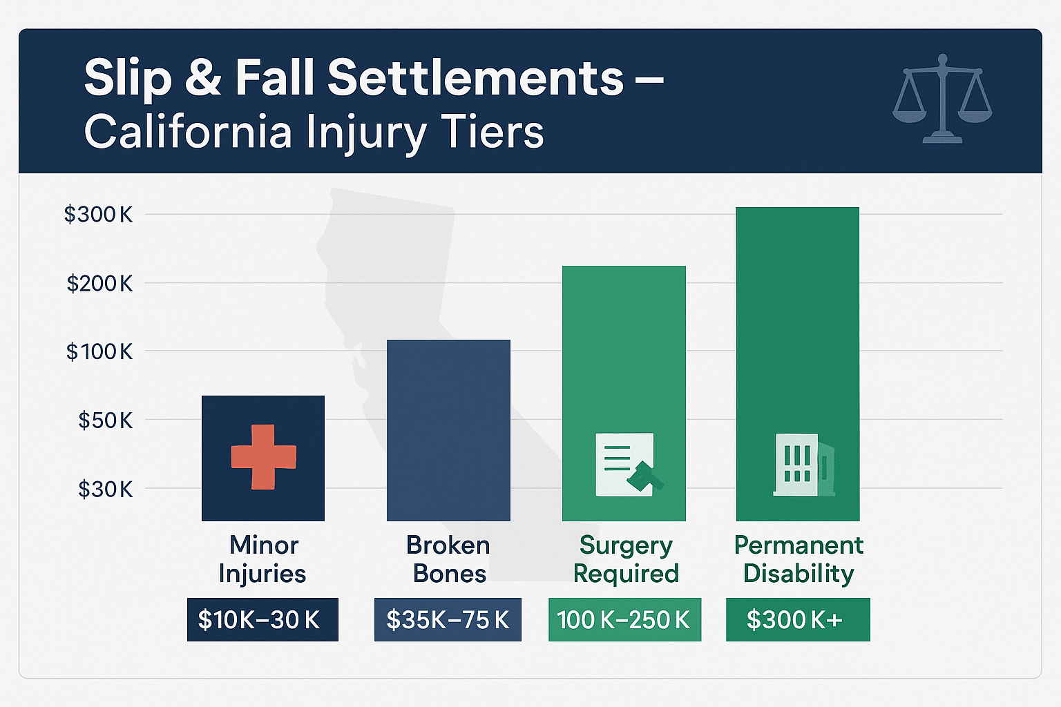 California slip and fall settlement ranges chart showing compensation by injury type
